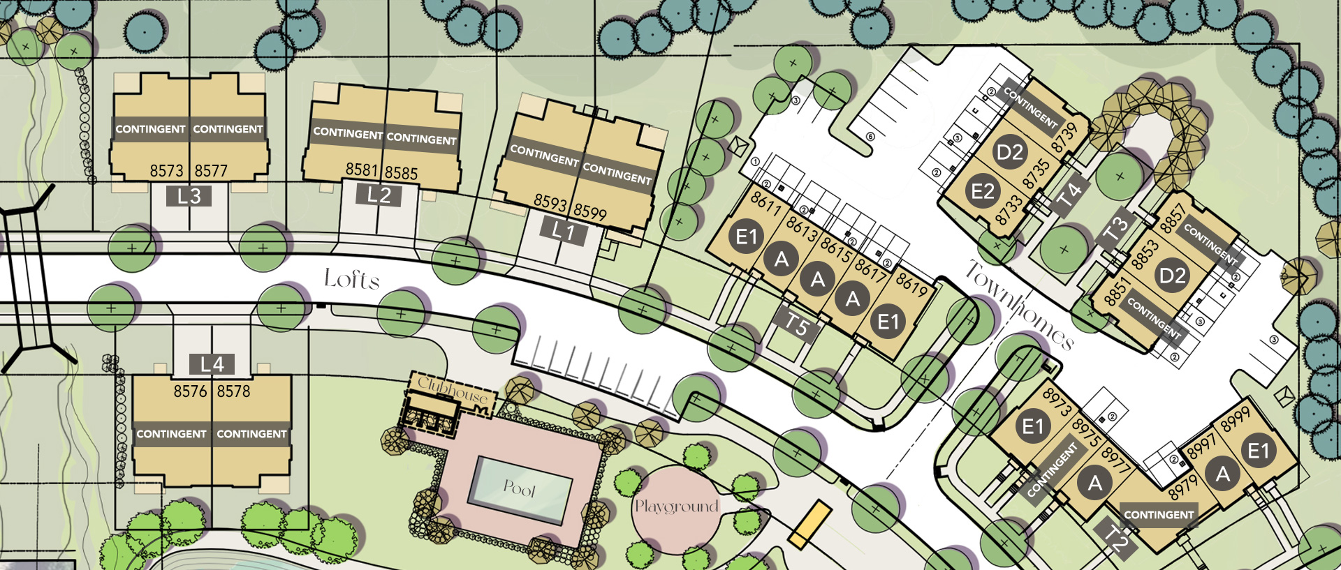 Site map of Luxury at Canvas with individual unit status showing if contingent, and unit style label showing if available